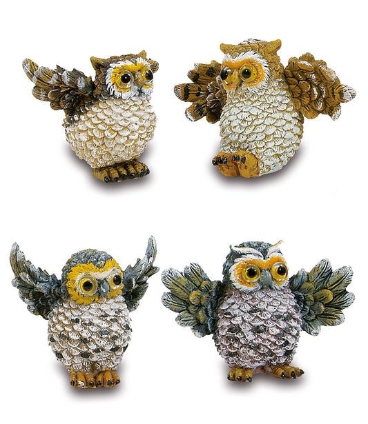 Standing owls with open wings 4 cm 4 ass